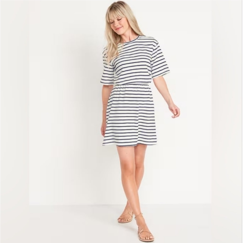Navy and White Striped Waist Defined T-Shirt Dress Size M